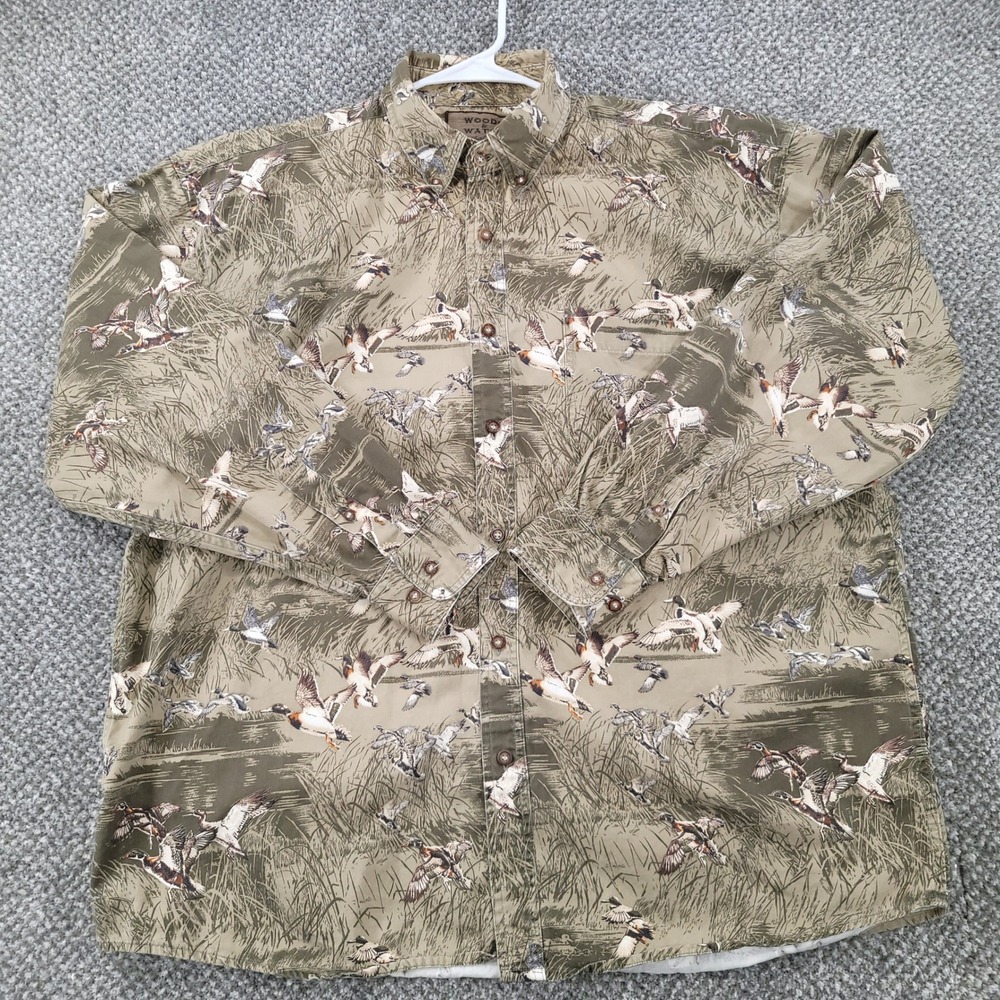 Woods & Water Mallard Duck Hunting Shirt Mens XL Cotton Button‎ Down Long Sleeve